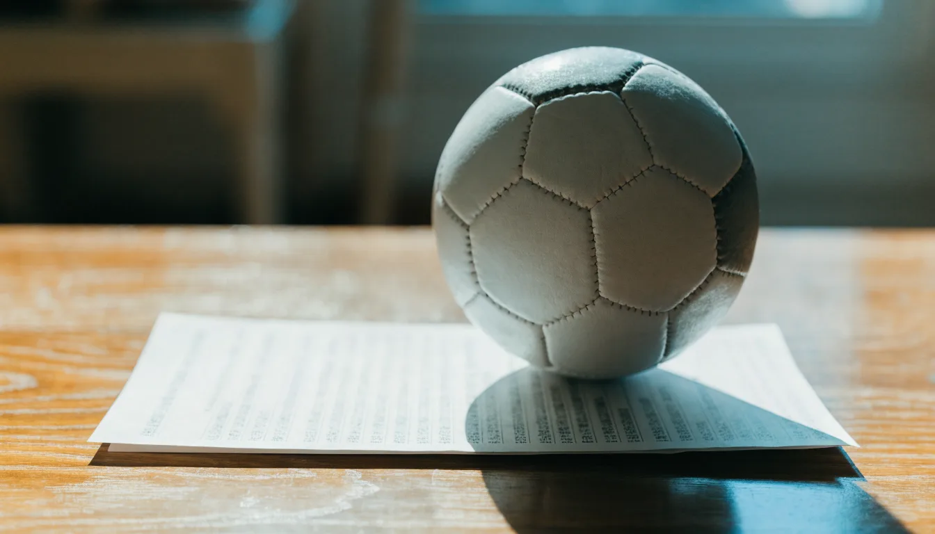 Uma bola de futebol pousada sobre um talão de apostas em branco numa mesa de madeira, à luz do dia