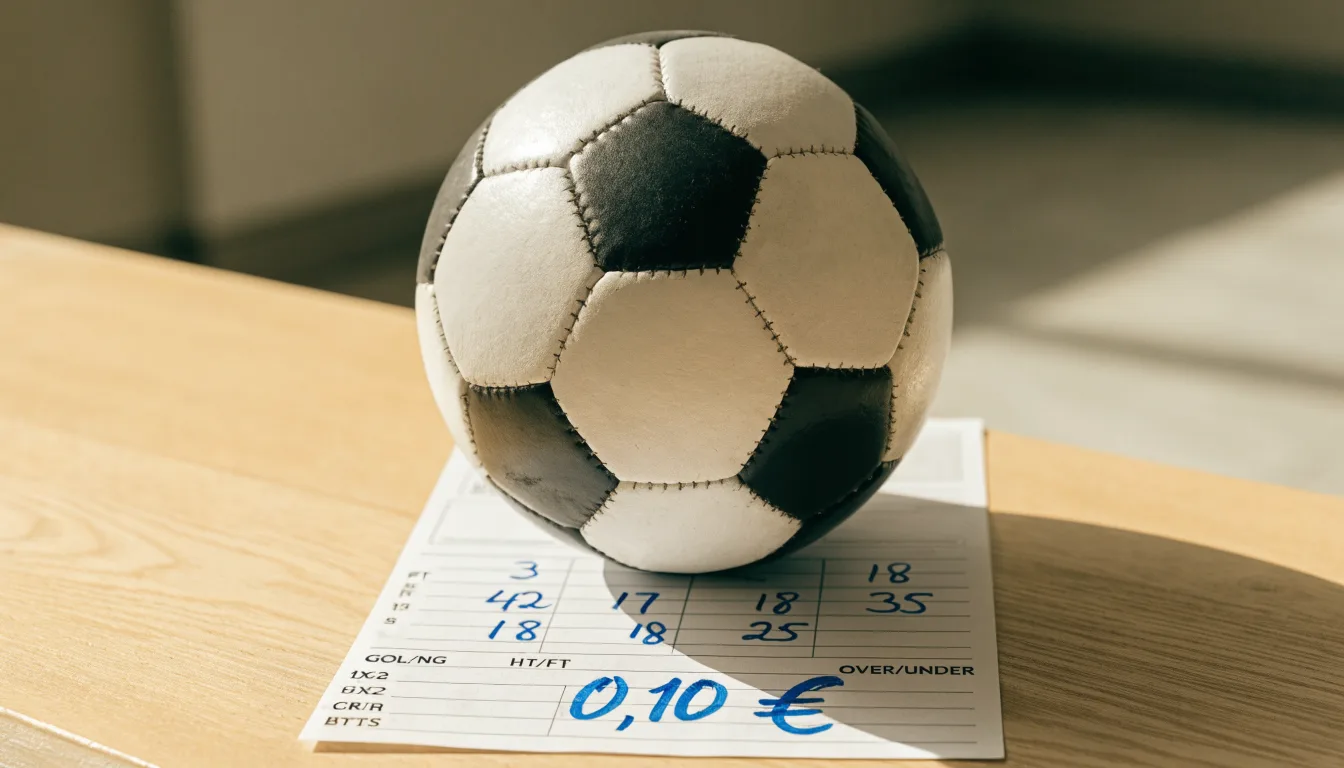 Uma bola de futebol pousada sobre um talão de apostas em branco numa mesa de madeira, à luz do dia