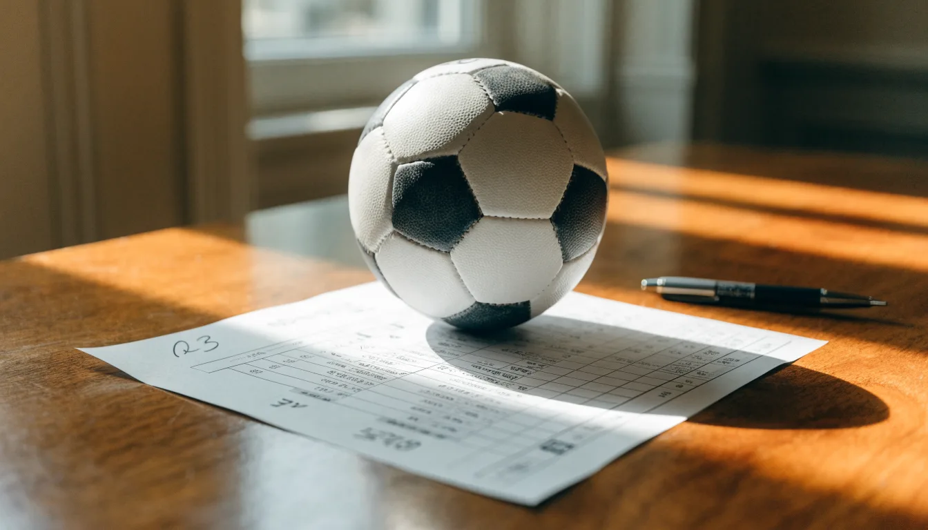 Uma bola de futebol pousada sobre um talão de apostas em branco numa mesa de madeira, à luz do dia