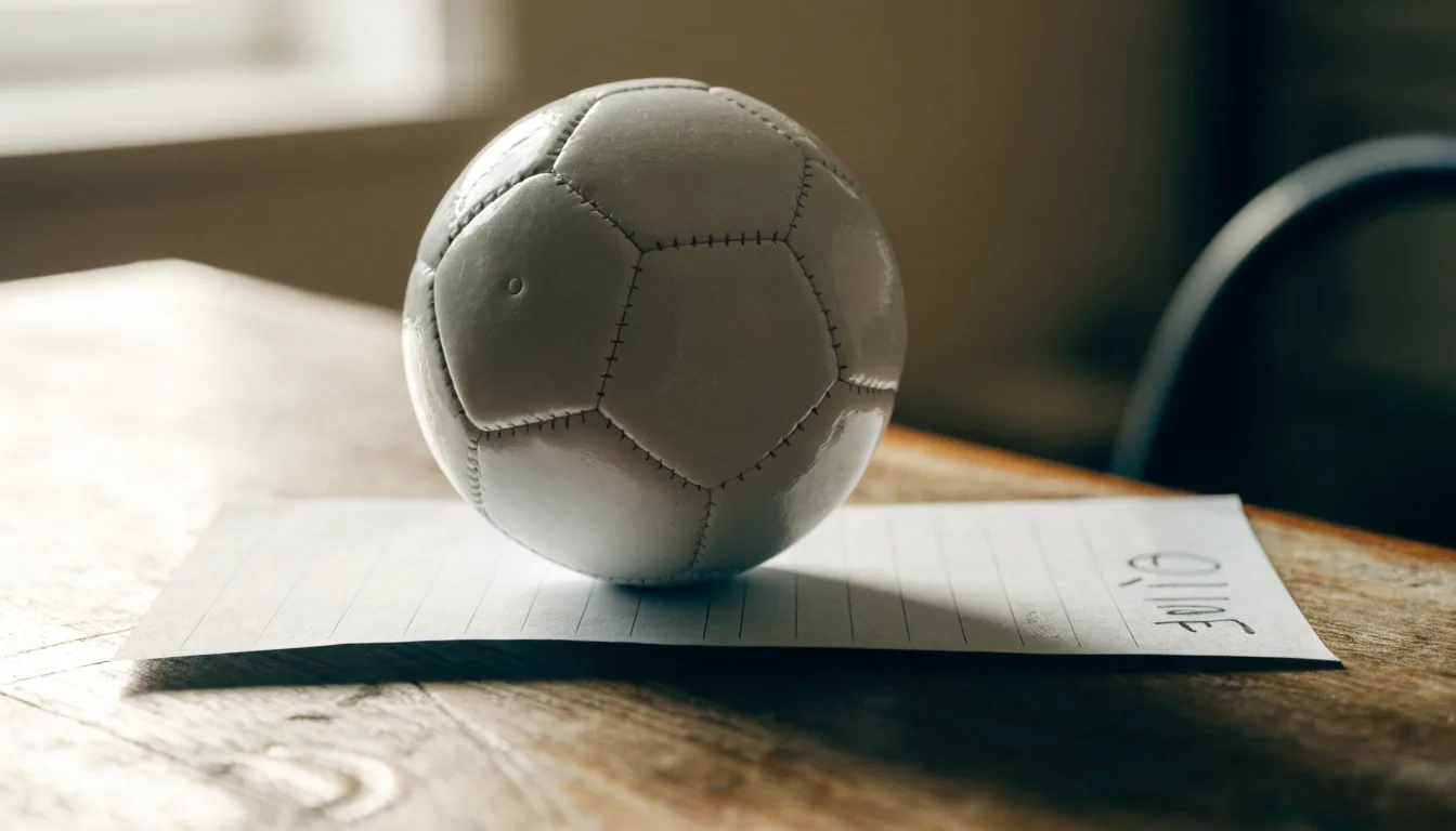 Uma bola de futebol pousada sobre um talão de apostas em branco numa mesa de madeira, à luz do dia
