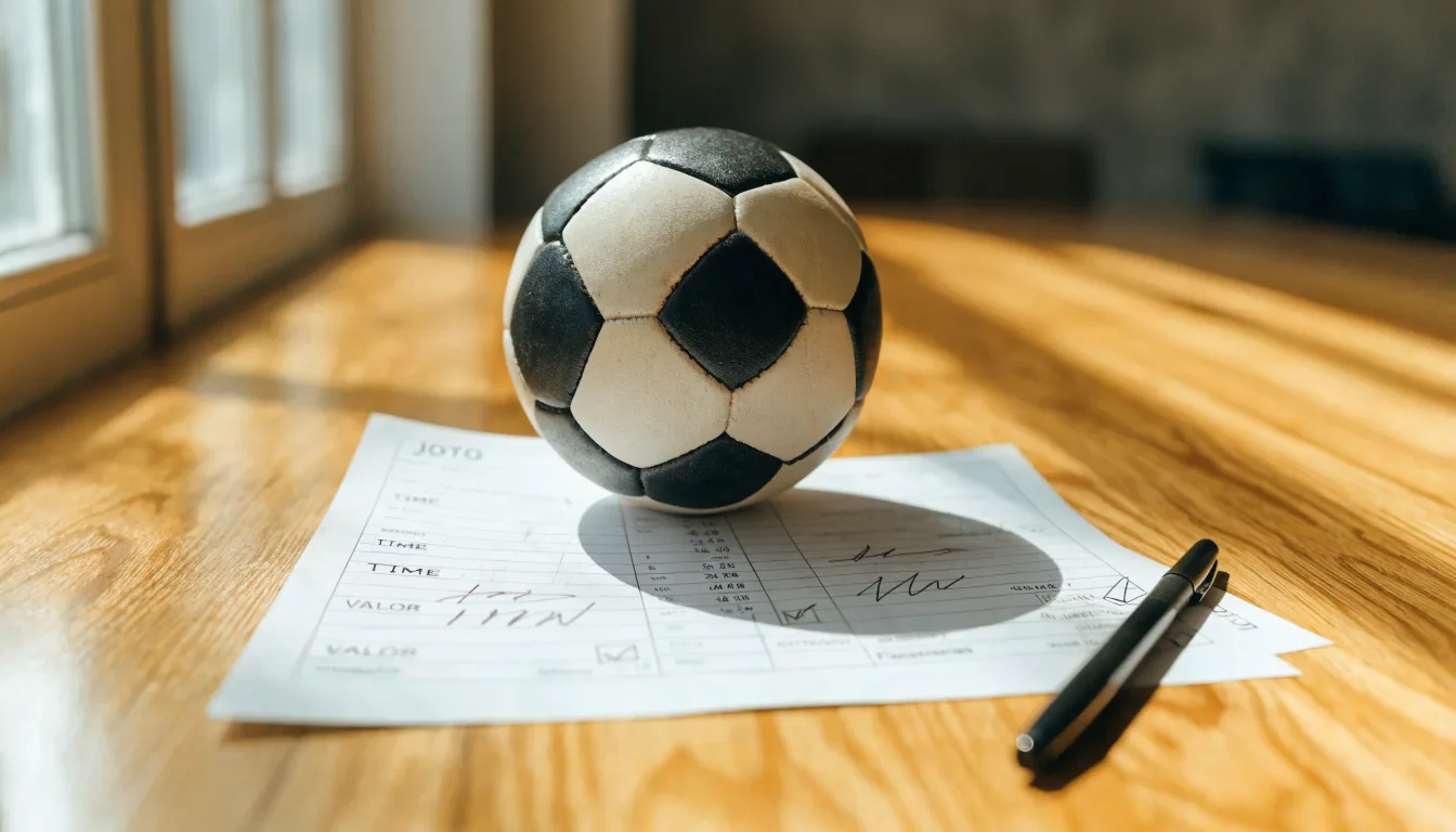 Uma bola de futebol pousada sobre um talão de apostas em branco numa mesa de madeira, à luz do dia