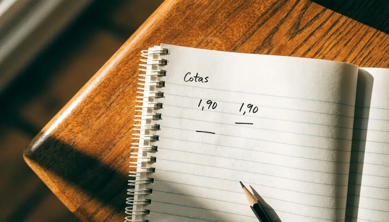 Um caderno aberto com cotas escritas à mão, uma calculadora e um lápis sobre uma mesa de madeira