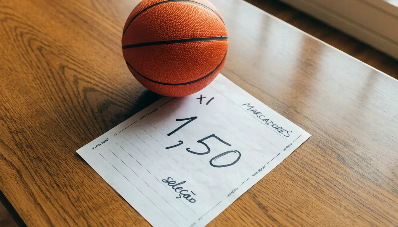 Uma bola de futebol pousada sobre um talão de apostas em branco numa mesa de madeira, à luz do dia