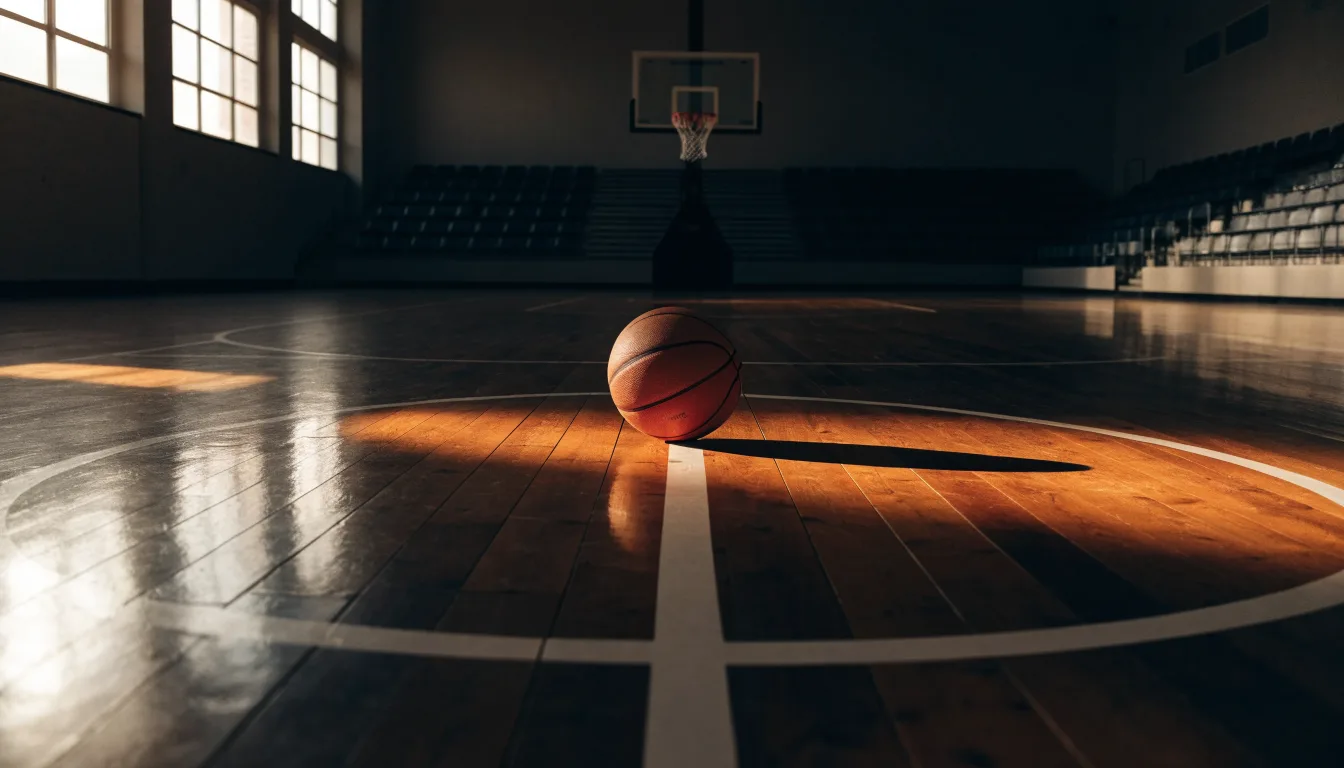 Uma bola de futebol no ponto central de um relvado, à luz da manhã
