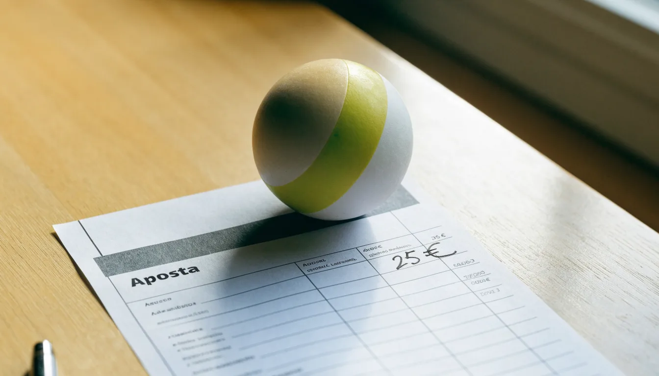 Uma bola de futebol pousada sobre um talão de apostas em branco numa mesa de madeira, à luz do dia
