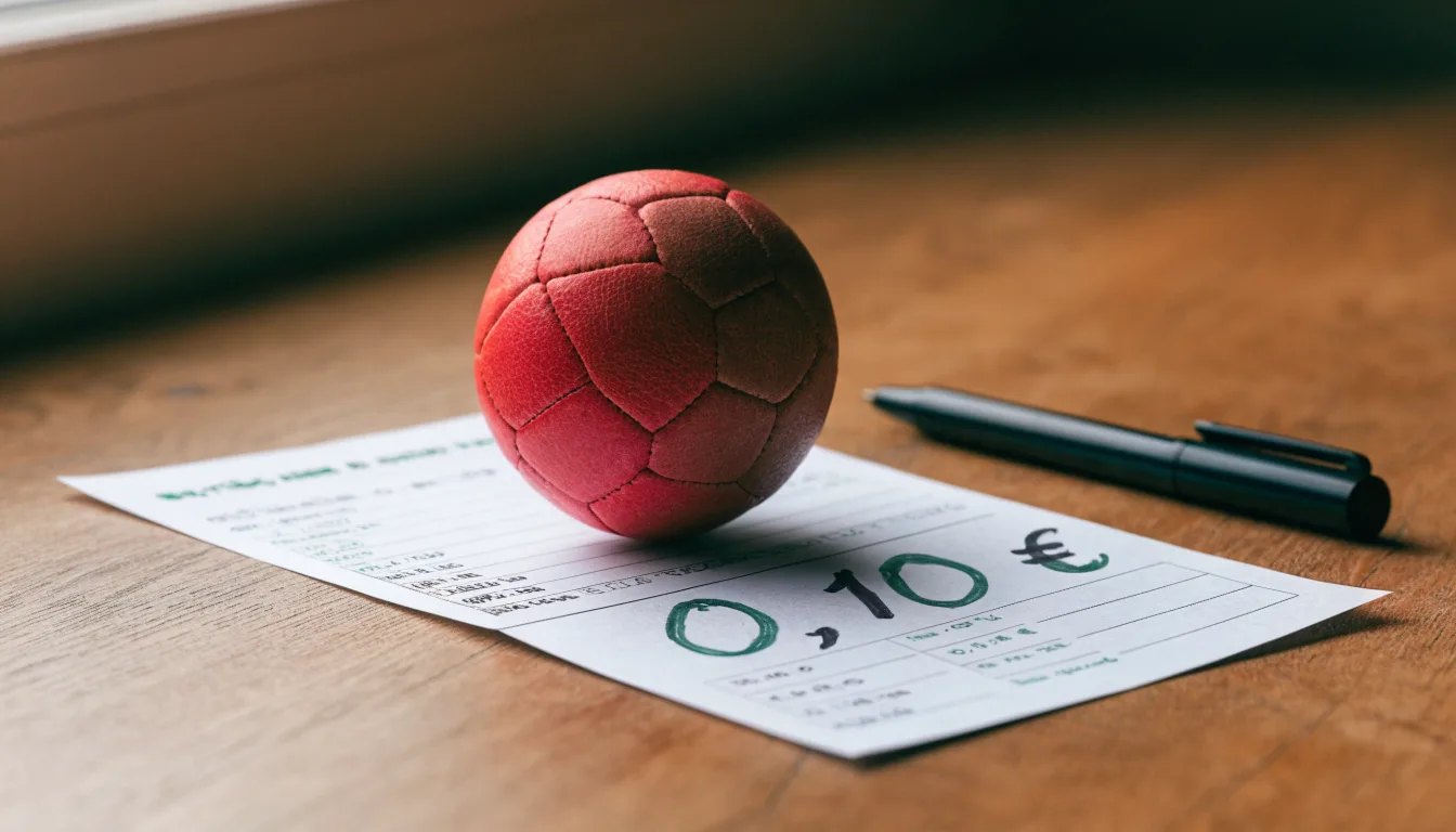 Uma bola de futebol pousada sobre um talão de apostas em branco numa mesa de madeira, à luz do dia