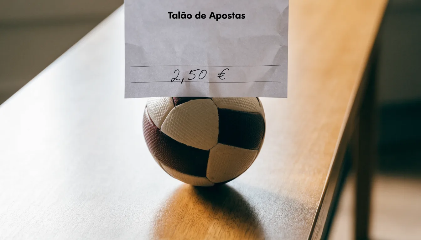 Uma bola de futebol pousada sobre um talão de apostas em branco numa mesa de madeira, à luz do dia