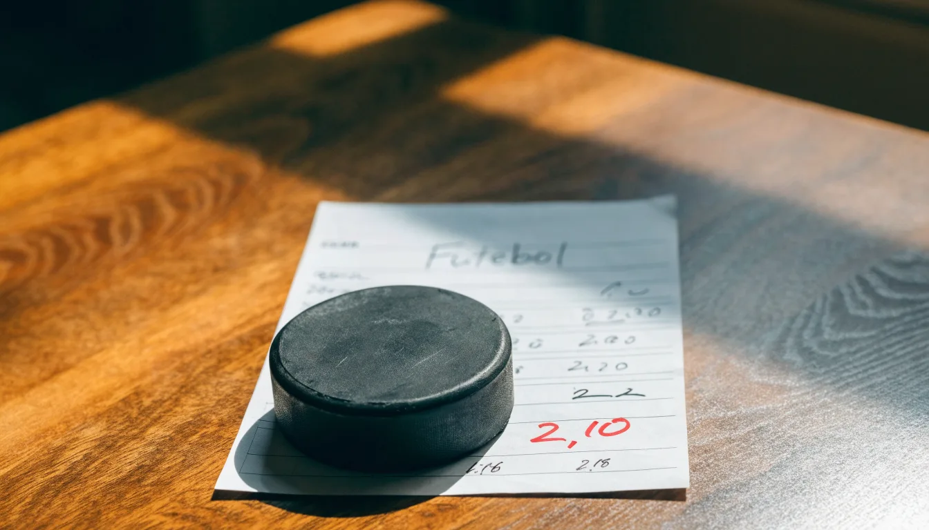 Uma bola de futebol pousada sobre um talão de apostas em branco numa mesa de madeira, à luz do dia
