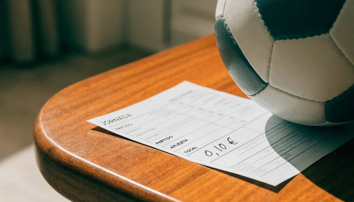 Uma bola de futebol pousada sobre um talão de apostas em branco numa mesa de madeira, à luz do dia