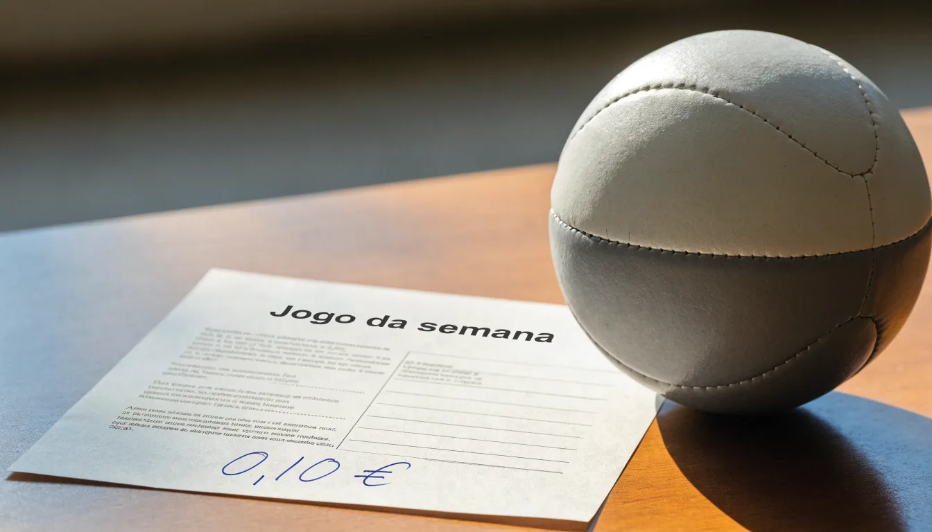 Uma bola de futebol pousada sobre um talão de apostas em branco numa mesa de madeira, à luz do dia