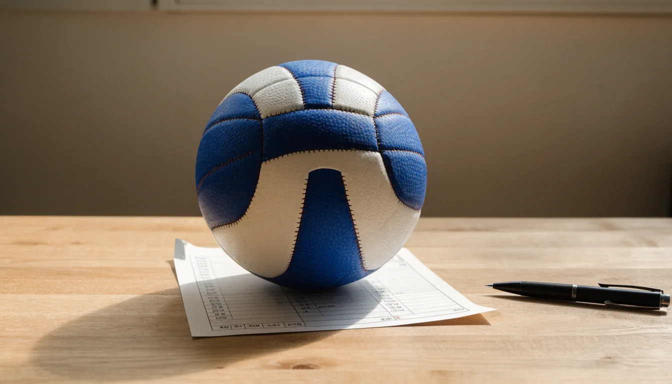 Uma bola de futebol pousada sobre um talão de apostas em branco numa mesa de madeira, à luz do dia
