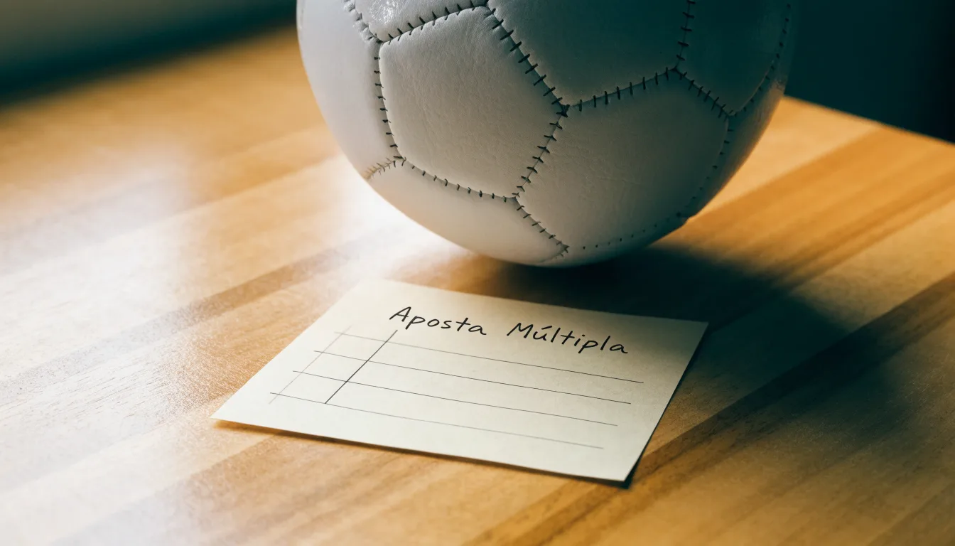 Uma bola de futebol pousada sobre um talão de apostas em branco numa mesa de madeira, à luz do dia