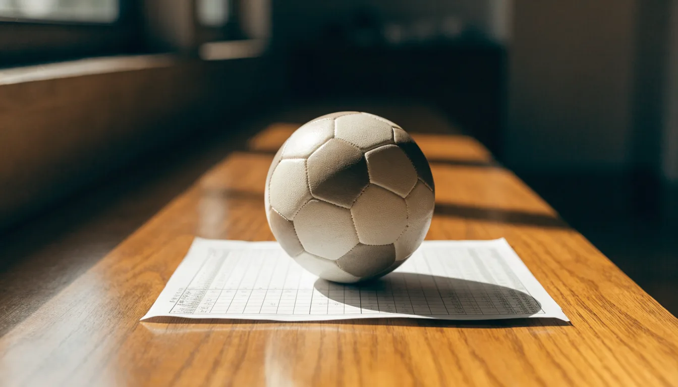 Uma bola de futebol pousada sobre um talão de apostas em branco numa mesa de madeira, à luz do dia