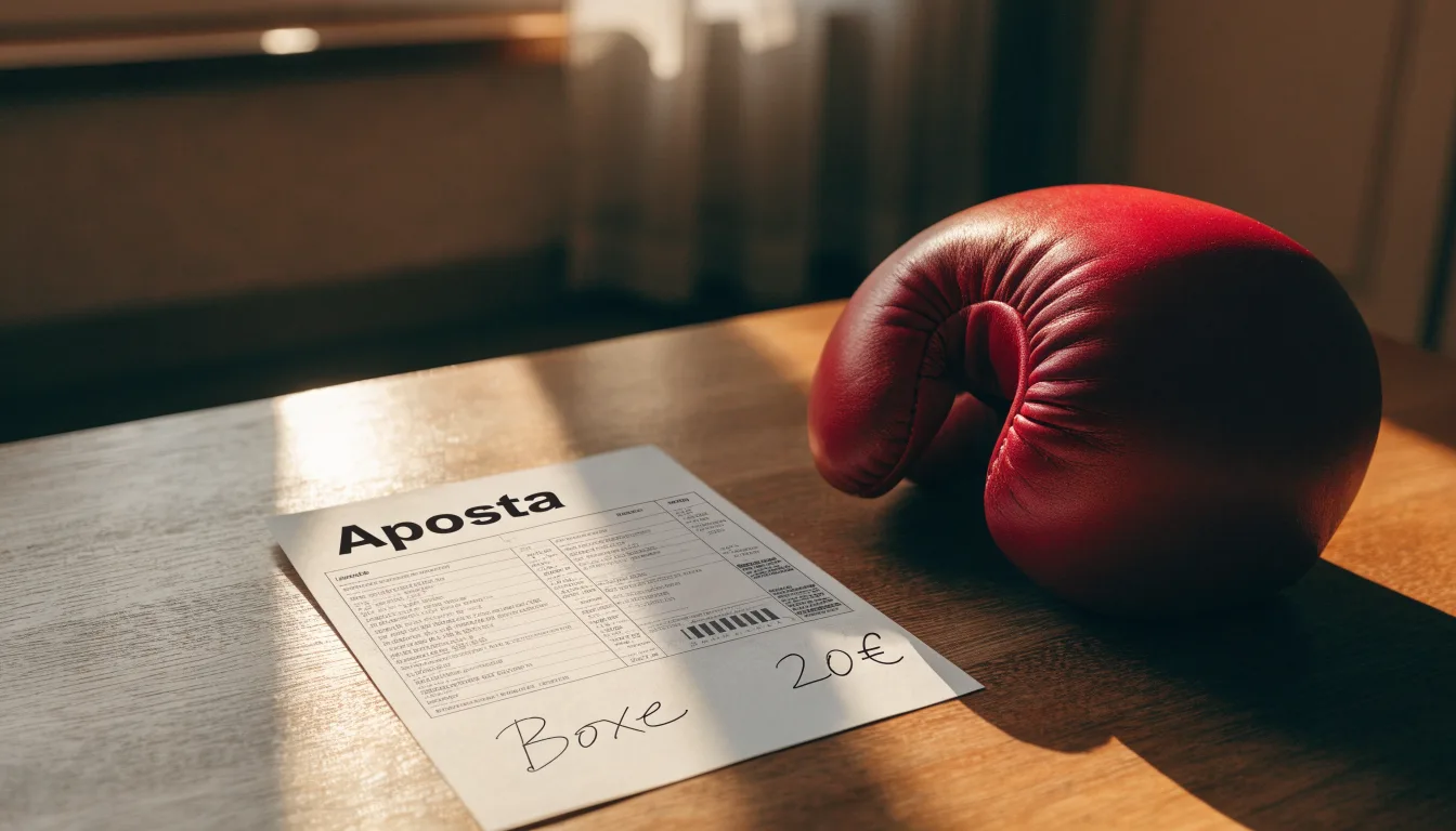 Uma bola de futebol pousada sobre um talão de apostas em branco numa mesa de madeira, à luz do dia
