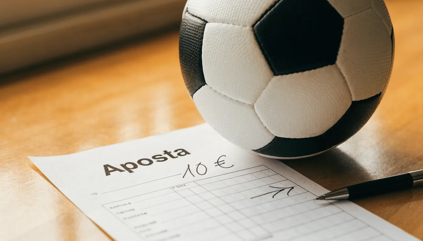 Uma bola de futebol pousada sobre um talão de apostas em branco numa mesa de madeira, à luz do dia