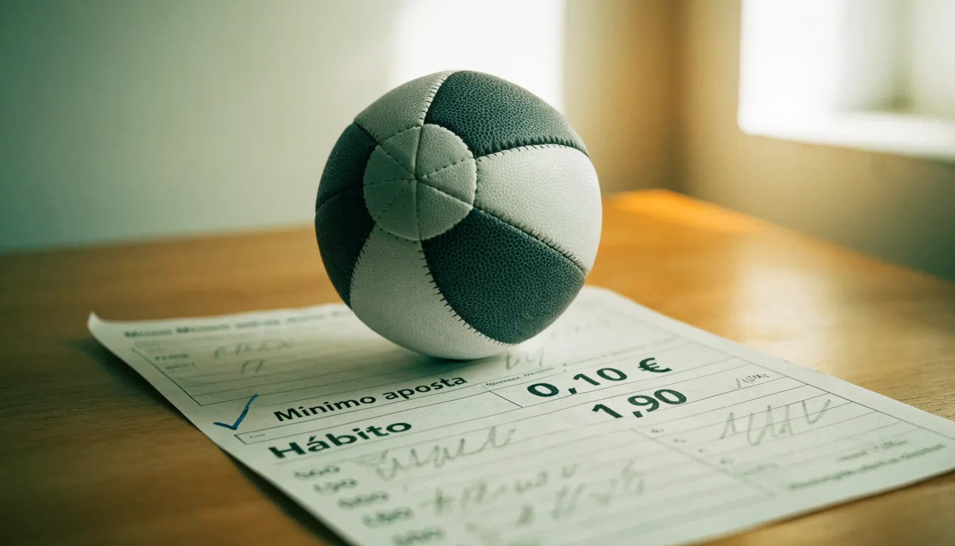 Uma bola de futebol pousada sobre um talão de apostas em branco numa mesa de madeira, à luz do dia