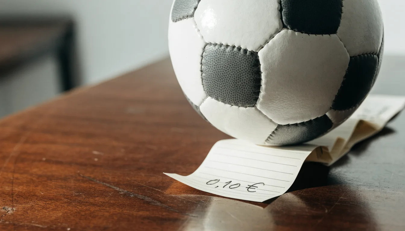 Uma bola de futebol pousada sobre um talão de apostas em branco numa mesa de madeira, à luz do dia