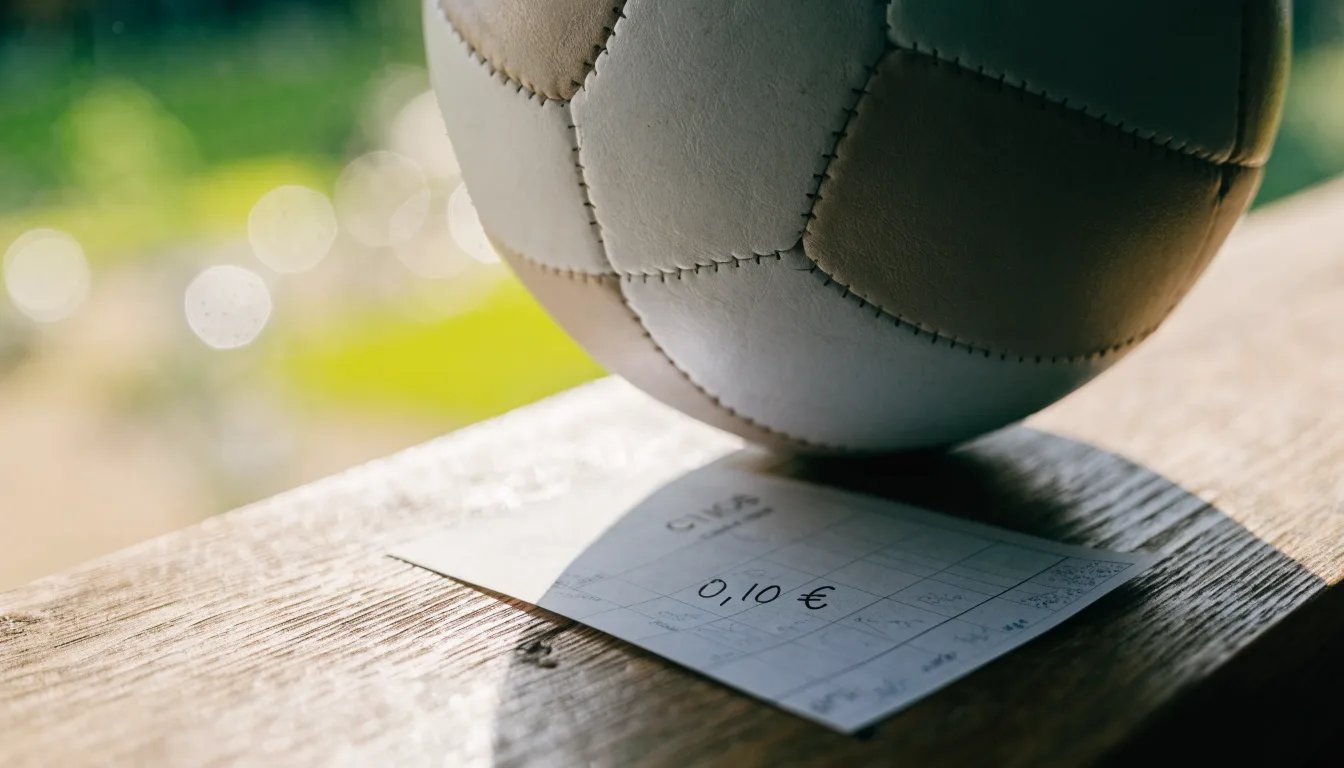 Uma bola de futebol pousada sobre um talão de apostas em branco numa mesa de madeira, à luz do dia