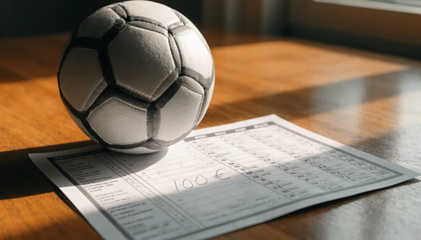 Uma bola de futebol pousada sobre um talão de apostas em branco numa mesa de madeira, à luz do dia