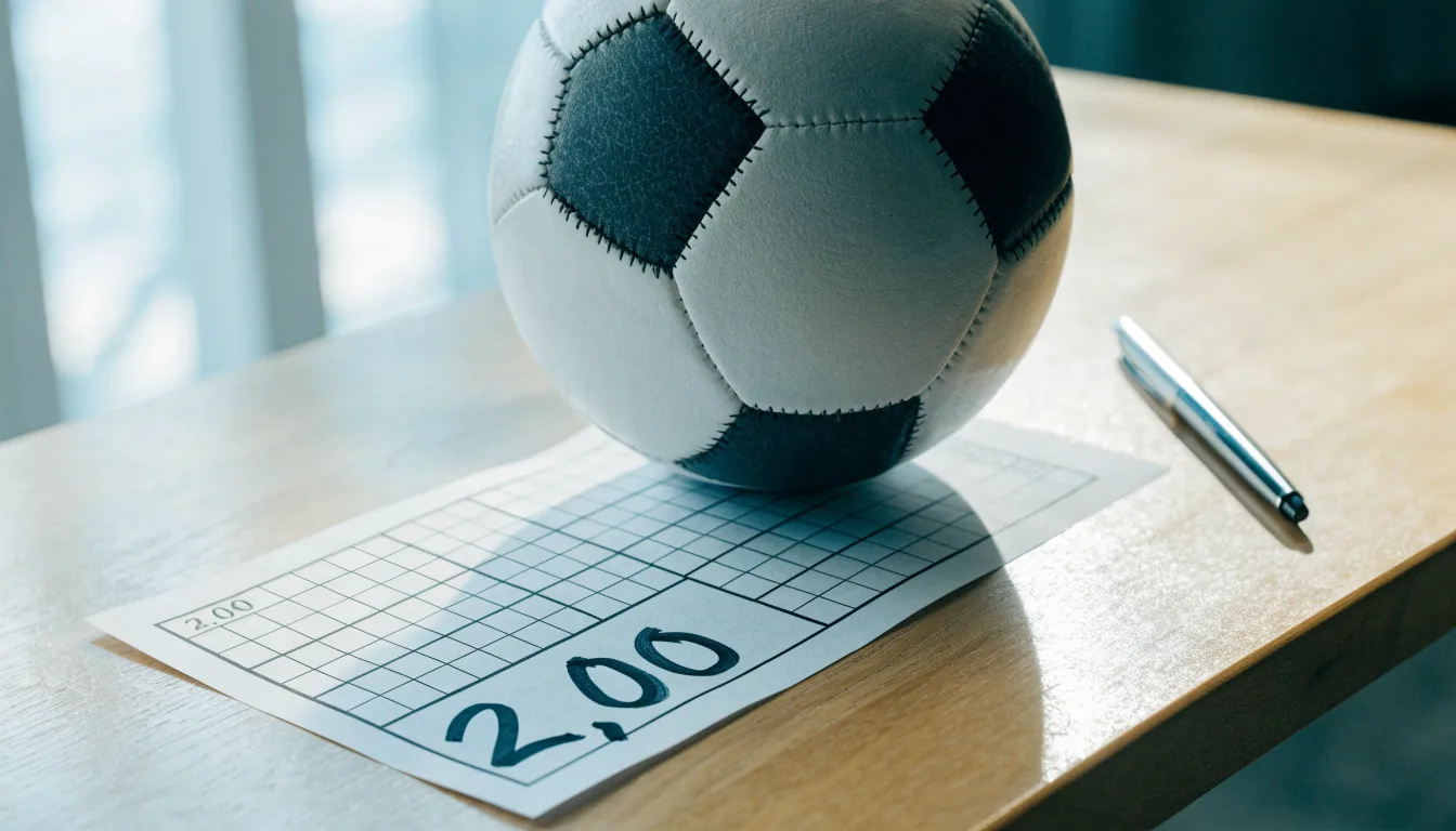 Uma bola de futebol pousada sobre um talão de apostas em branco numa mesa de madeira, à luz do dia