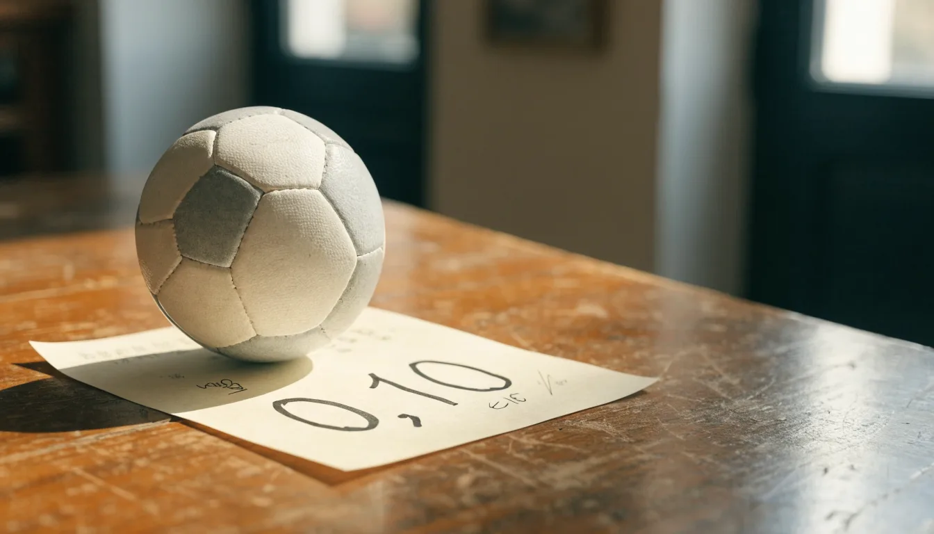 Uma bola de futebol pousada sobre um talão de apostas em branco numa mesa de madeira, à luz do dia
