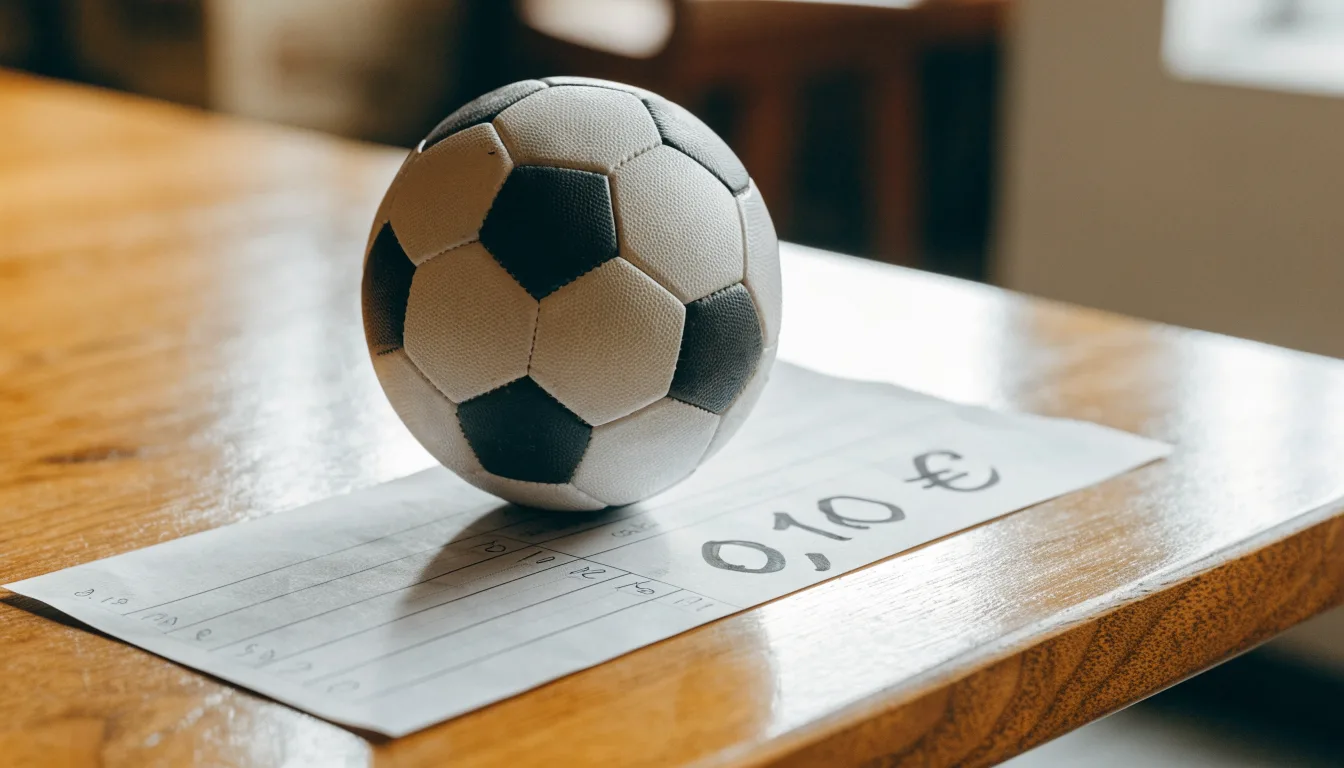 Uma bola de futebol pousada sobre um talão de apostas em branco numa mesa de madeira, à luz do dia