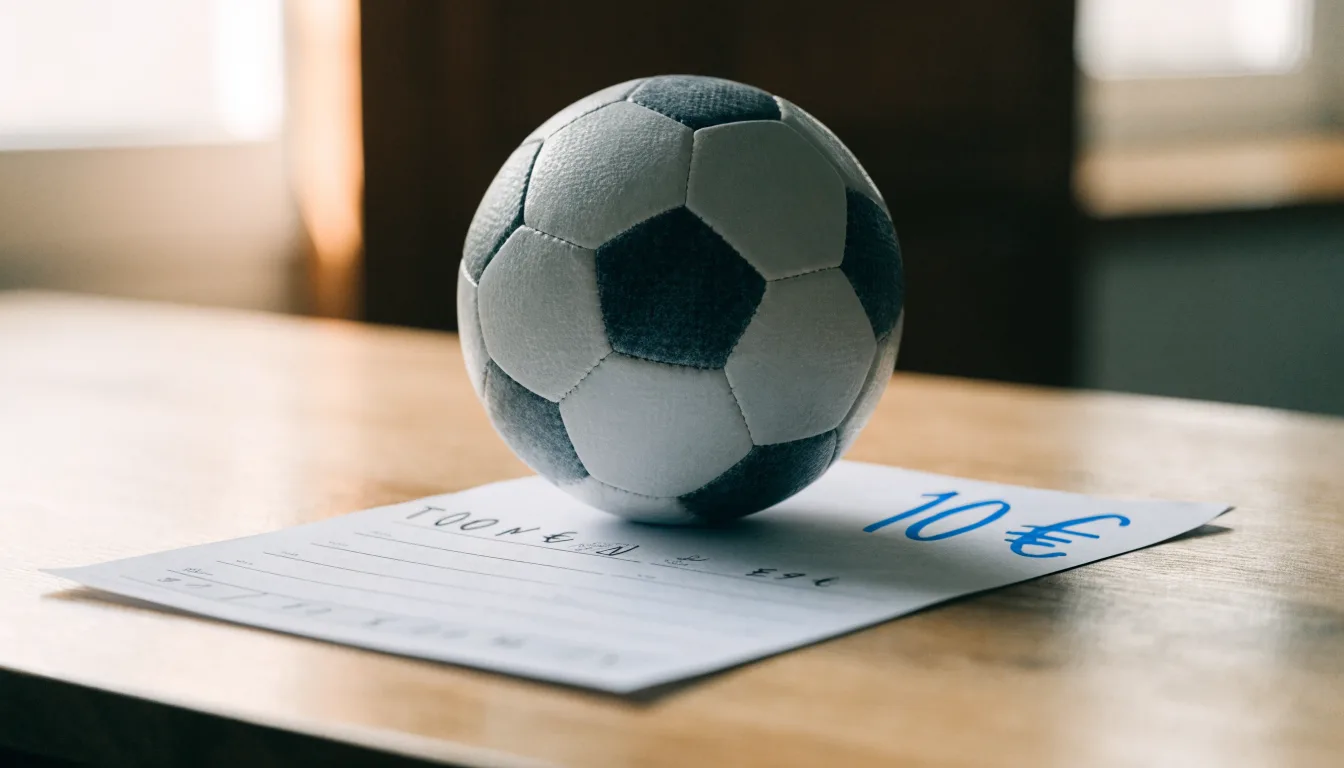 Uma bola de futebol pousada sobre um talão de apostas em branco numa mesa de madeira, à luz do dia