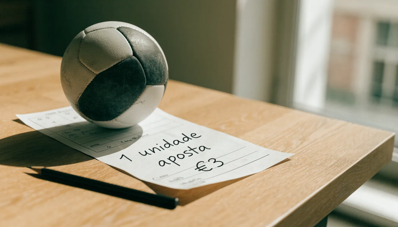 Uma bola de futebol pousada sobre um talão de apostas em branco numa mesa de madeira, à luz do dia