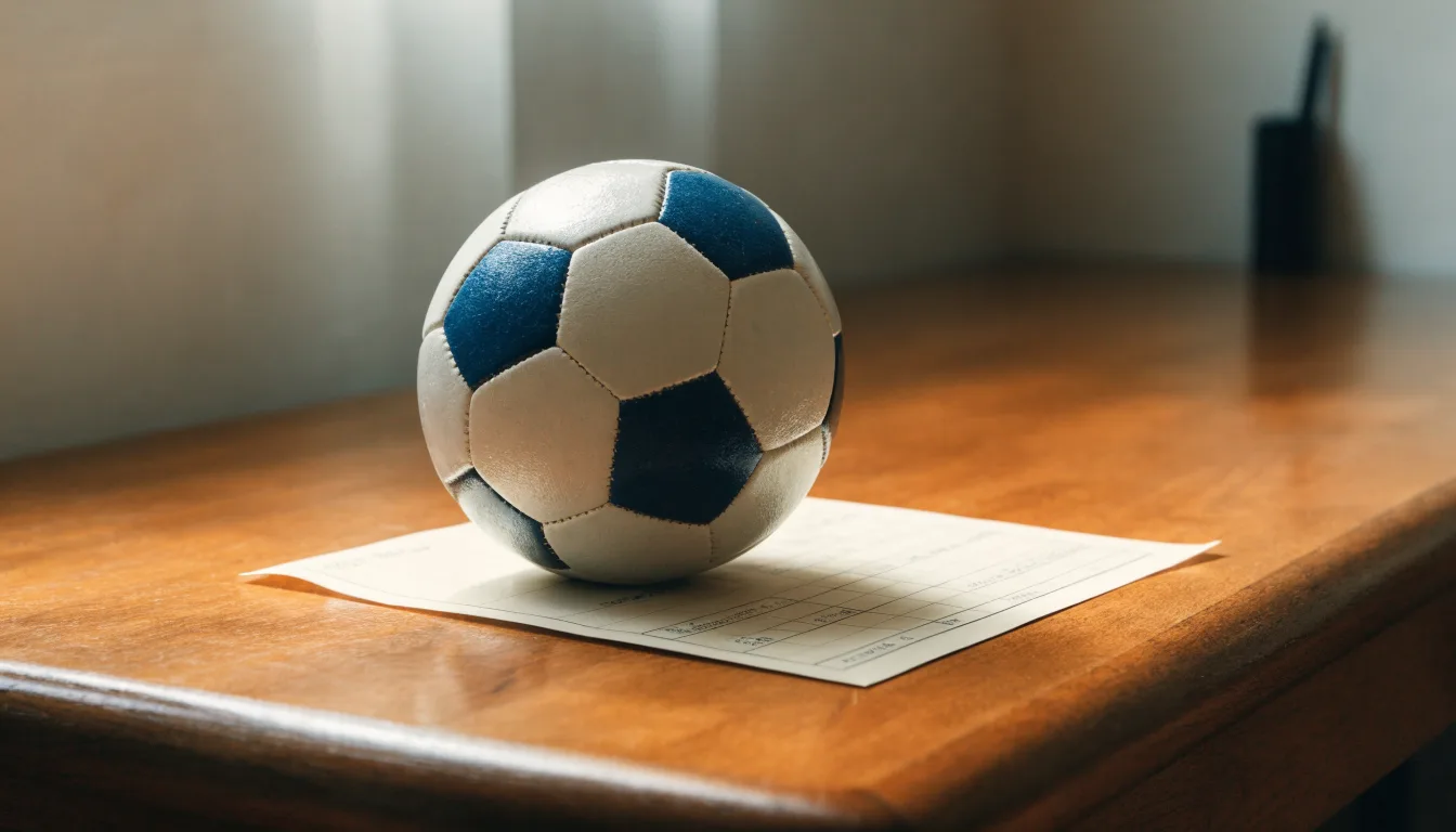 Uma bola de futebol pousada sobre um talão de apostas em branco numa mesa de madeira, à luz do dia