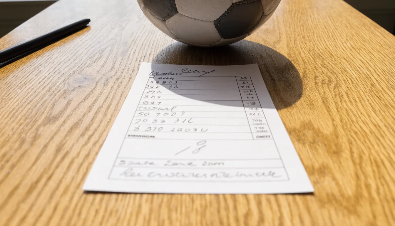 Uma bola de futebol pousada sobre um talão de apostas em branco numa mesa de madeira, à luz do dia