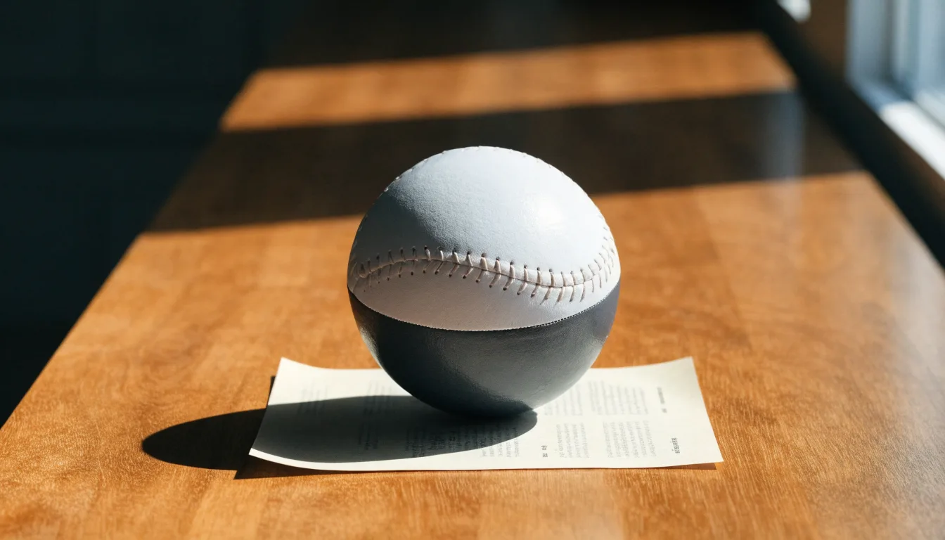 Uma bola de futebol pousada sobre um talão de apostas em branco numa mesa de madeira, à luz do dia