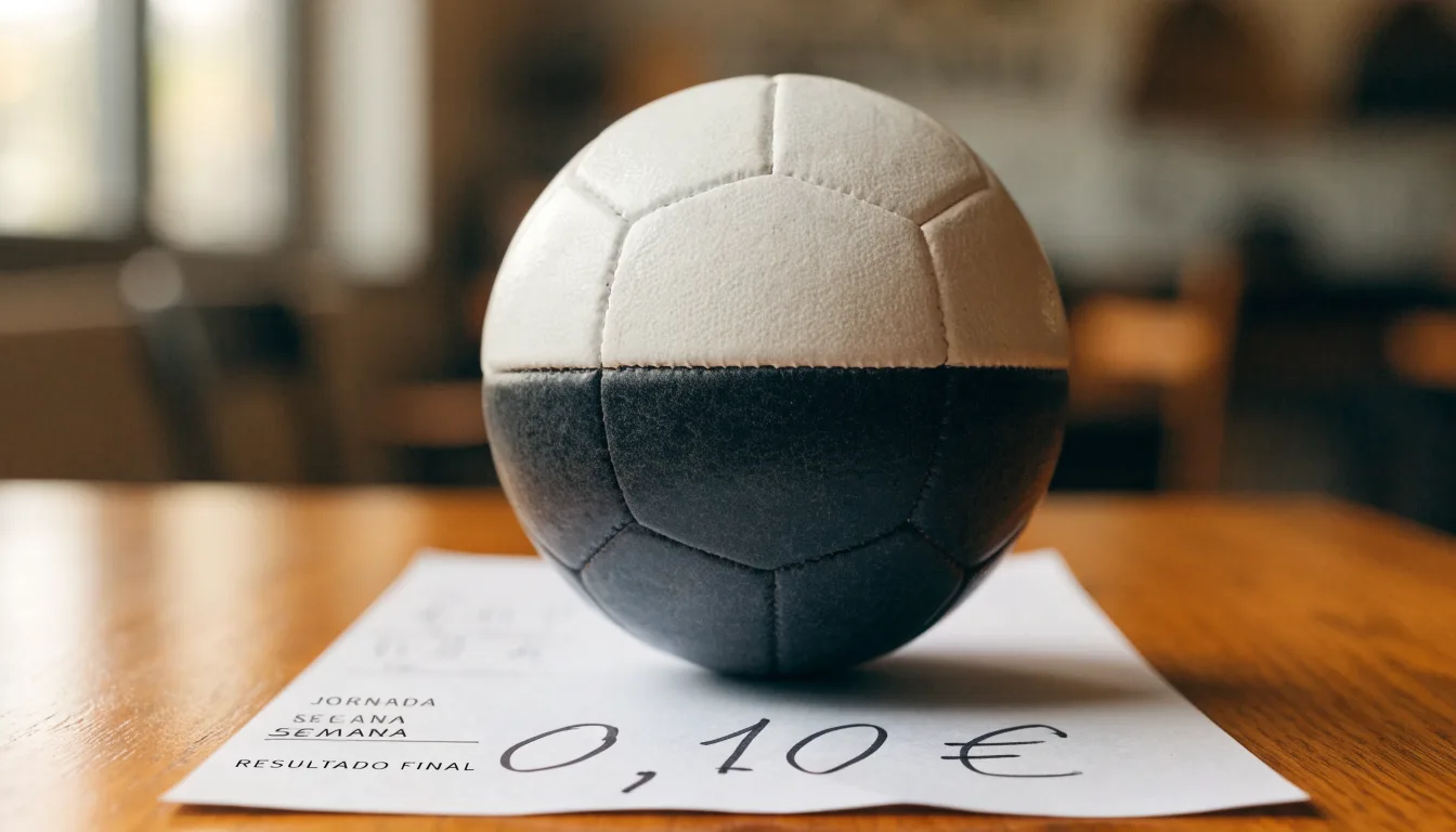 Uma bola de futebol pousada sobre um talão de apostas em branco numa mesa de madeira, à luz do dia