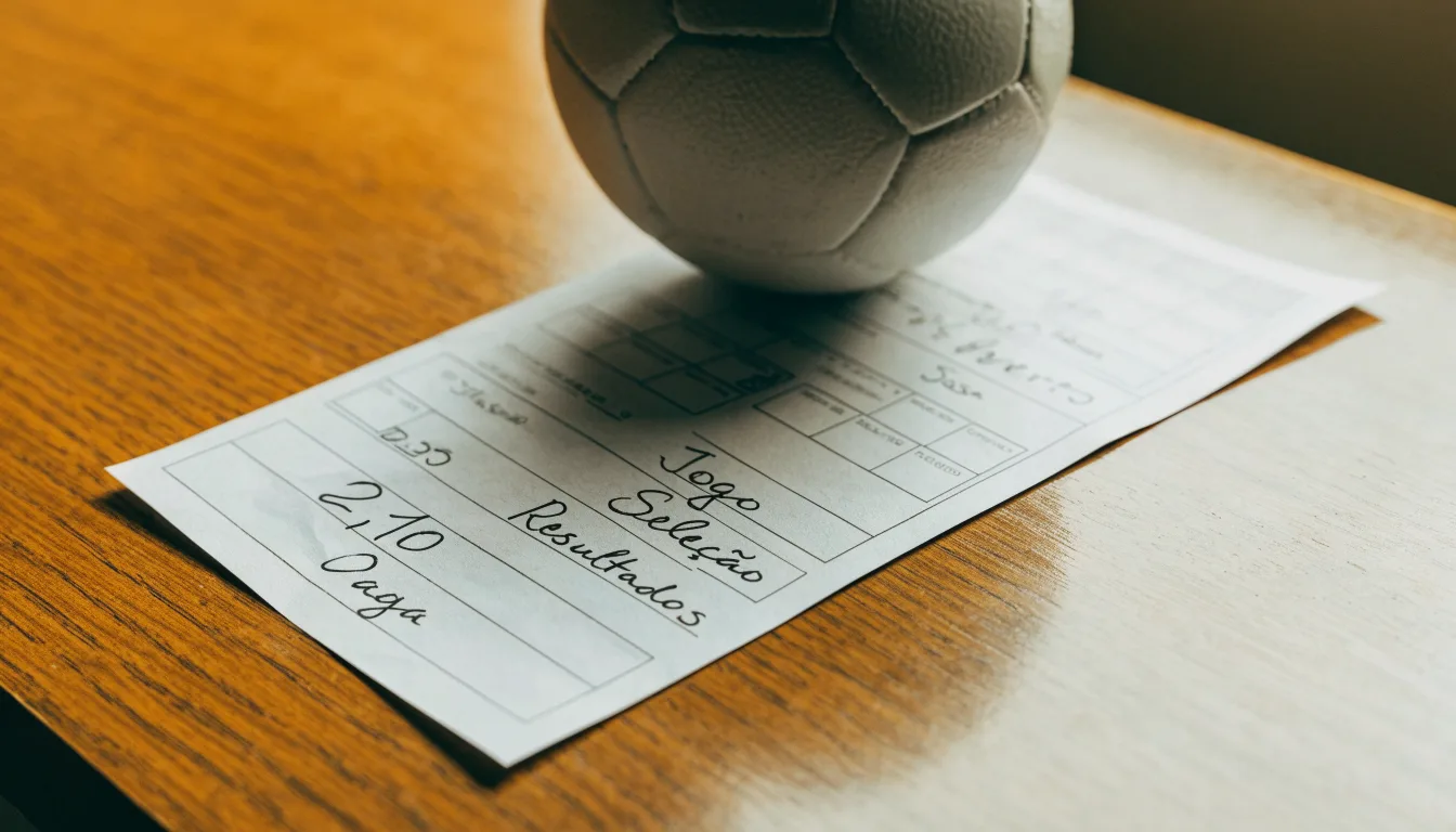 Uma bola de futebol pousada sobre um talão de apostas em branco numa mesa de madeira, à luz do dia
